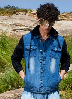 Campus Sutra Men's Black & Blue Medium-Wash Denim Jacket With Sweatshirt Sleeve  - Image 1