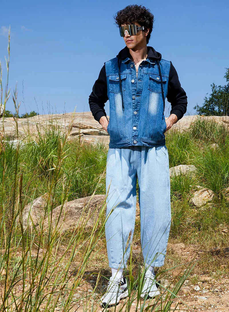 كامبوس سوترا Men's Black & Blue Medium-Wash Denim Jacket With Sweatshirt Sleeve