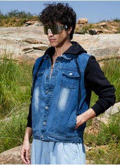 Campus Sutra Men's Black & Blue Medium-Wash Denim Jacket With Sweatshirt Sleeve  - Image 3