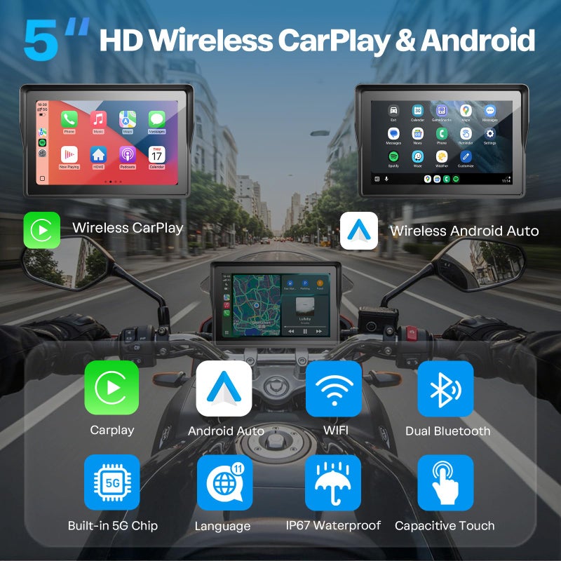 WonVon 5 Inch Motorcycle Carplay GPS Navigation System with Apple Carplay and Android Auto Portable Screen with Dual Bluetooth, Navigation, Siri, Google Assistantï¼ˆNot Inchluded TPMSï¼‰ - Image 2