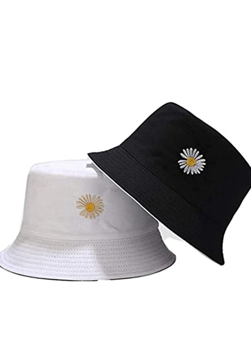 Flower Reversible Bucket Hats, Summer Travel Embroidery Beach Sun Hats for Women Teens Boys Girls Sun Visor Outdoor Cap Black - Image 3