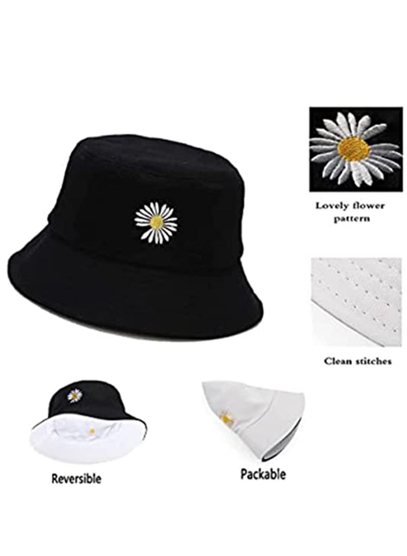 Flower Reversible Bucket Hats, Summer Travel Embroidery Beach Sun Hats for Women Teens Boys Girls Sun Visor Outdoor Cap Black - Image 2