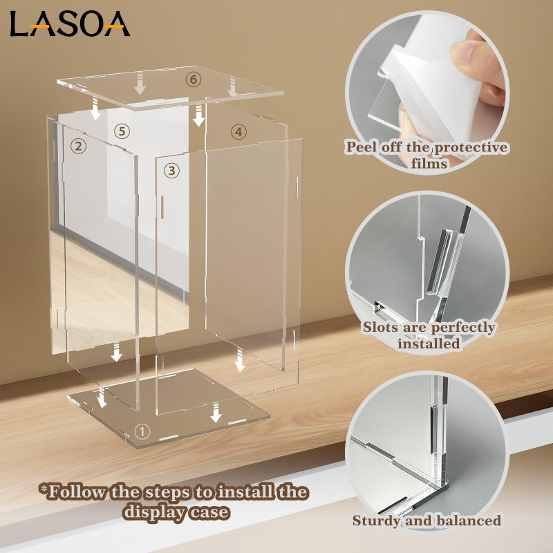 LASOA Acrylic Display Case for Collectibles â€“ Clear Display Box with Mirrored Back and Base, Self-Assembly Showcase for Figurines, Models, and Memorabilia, 8x8x12inch - Image 4