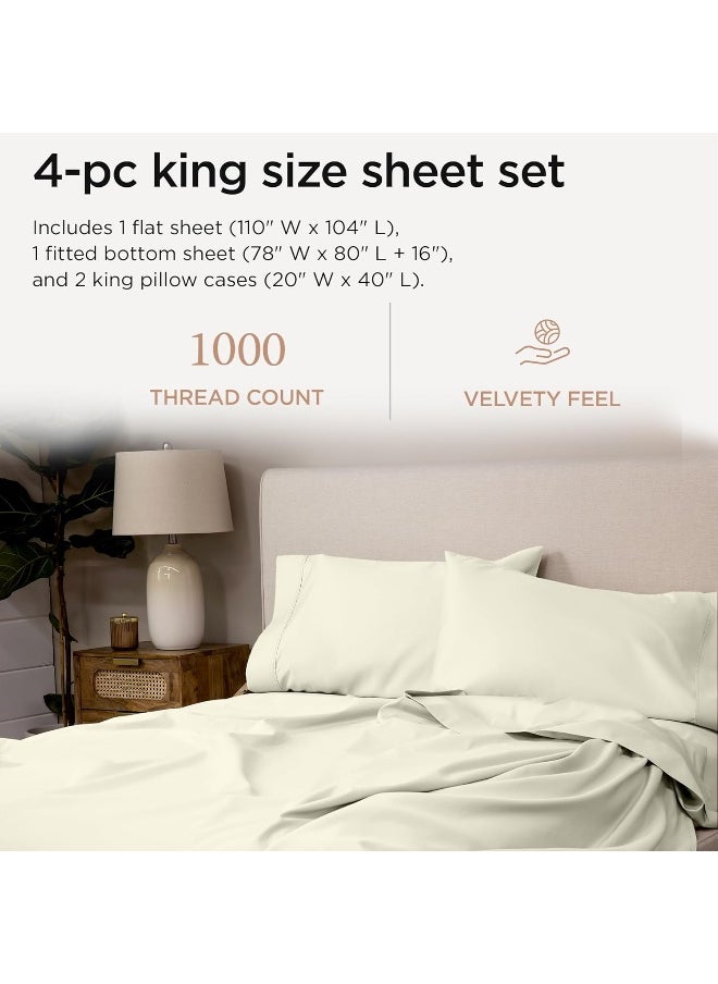 Generic - Certified 100% American Supima Cotton Sheets, King-Sheets, 1000 Thread Count, 4 Piece Luxury Bed Sheets Set, Hotel Quality Sateen Weave, Ivory Sheets with Elasticized Deep Pocket - by Threadmill - Image 1