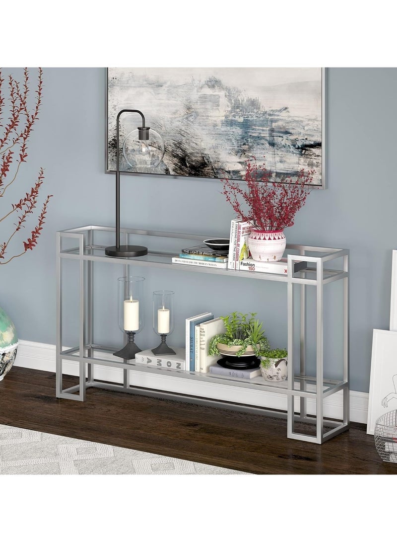 لينجوي طاولة كونسول معدنية مع رف تخزين زجاجي لغرفة المعيشة وغرفة النوم، فضي 130x80x40 سم - Image 1