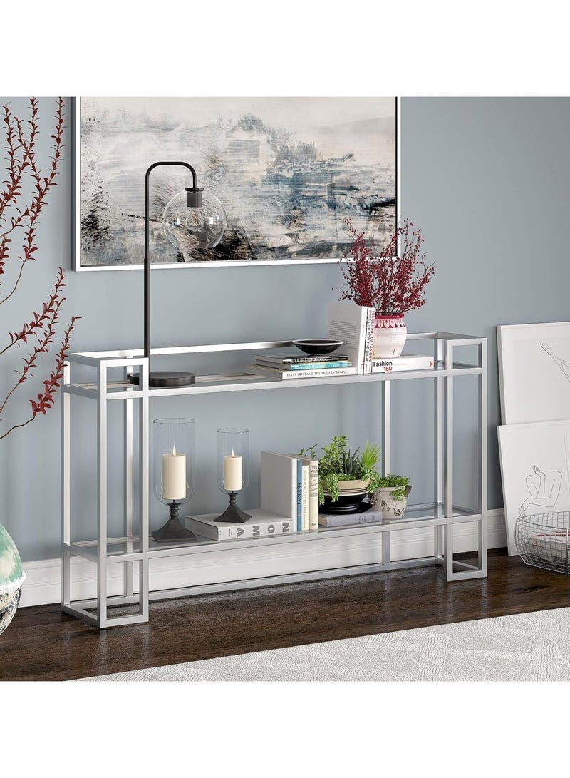 لينجوي طاولة كونسول معدنية مع رف تخزين زجاجي لغرفة المعيشة وغرفة النوم، فضي 130x80x40 سم - Image 2