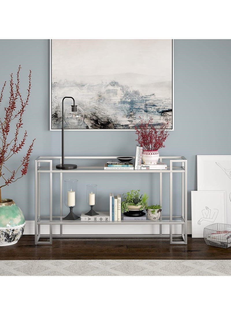 لينجوي طاولة كونسول معدنية مع رف تخزين زجاجي لغرفة المعيشة وغرفة النوم، فضي 130x80x40 سم - Image 3