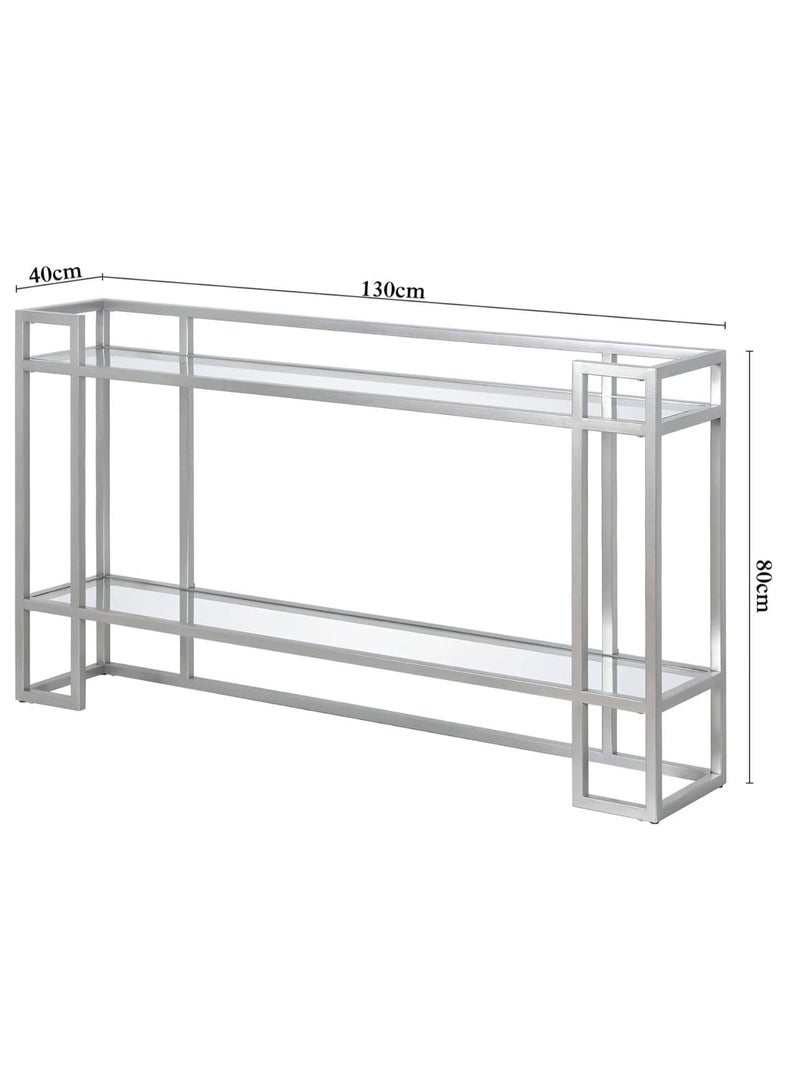 لينجوي طاولة كونسول معدنية مع رف تخزين زجاجي لغرفة المعيشة وغرفة النوم، فضي 130x80x40 سم - Image 4