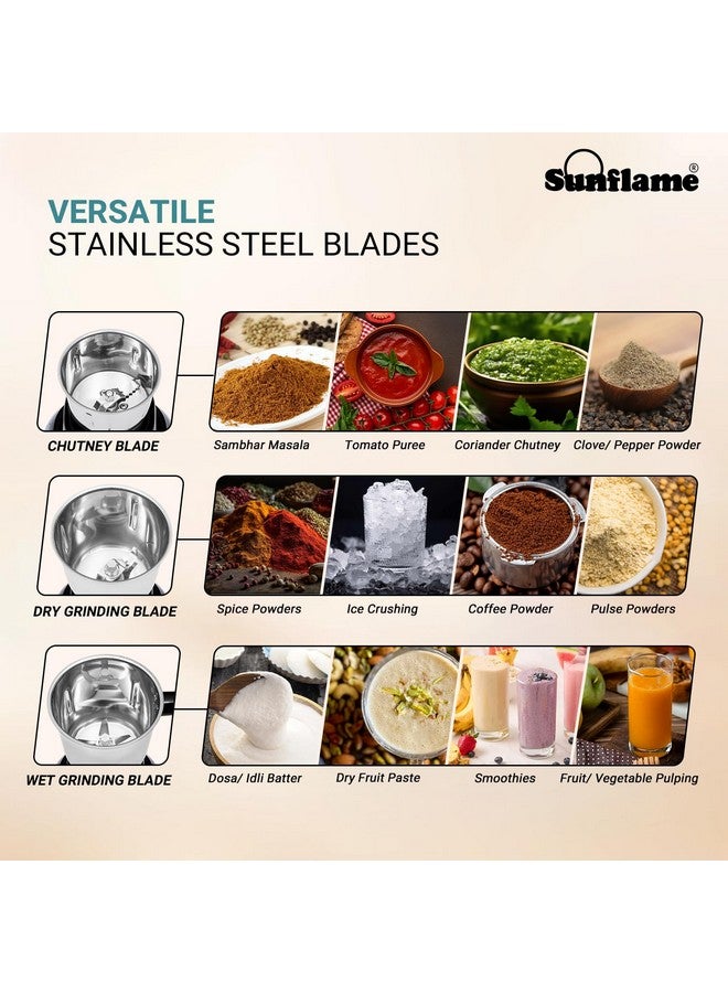 Sunflame MG50 Mixer Grinder | Powerful 500W Motor | Easy-to-Clean Removable Blades | 3 Multi-Utility Jars | 3 Speed Settings | Compact Size | Leak-Proof Lids | Two-Year Coverage - Image 4