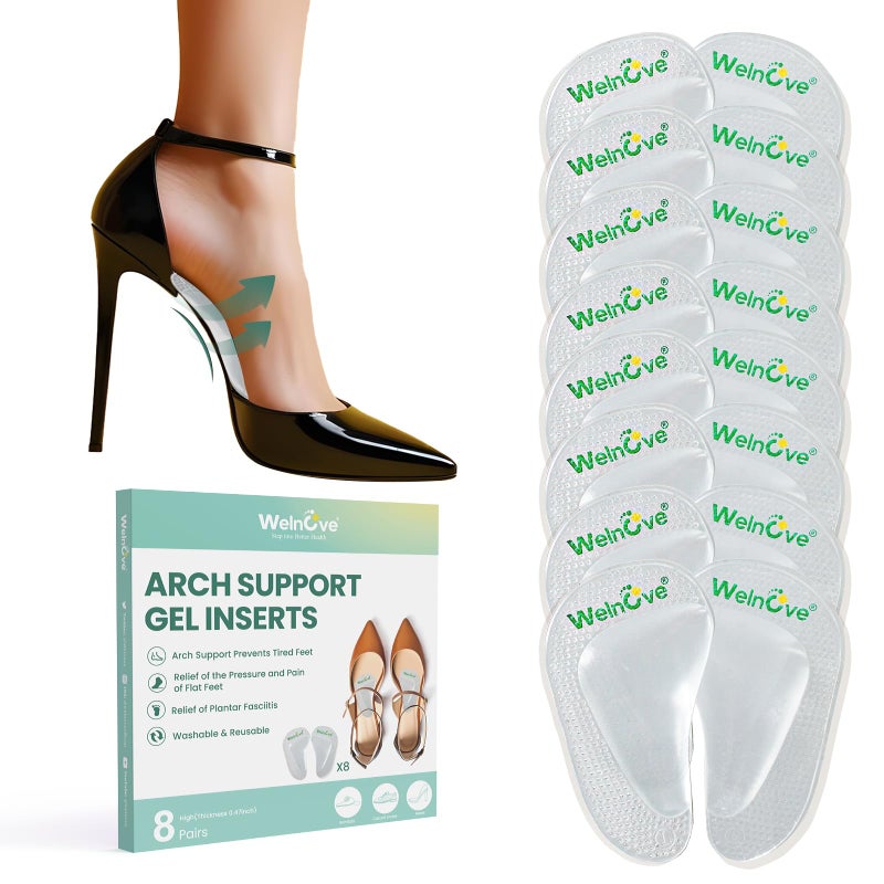 Welnove Arch Support Inserts Flat Feet - Welnove 8-Pair Gel Arch Support Insoles for Plantar Fasciitis, Foot Pain Fatigue Relief - Soft Heel Pads Adhesive Fit Most Shoes, Men Women, 0.47" Height - Image 1