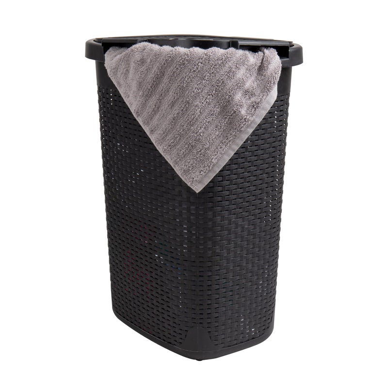 Mind Reader 60L Slim Laundry Hamper, Clothes Basket, Lid, Wicker Design, Plastic, 17.65"L x 13.75"W x 24.15"H, Black - Image 1