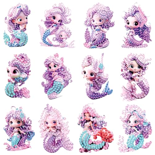 PATPAT® Kawaii Diamond Art Stickers,12 Pcs Purple Mermaid Princess Gem Art Diamond Art Art Stickers Kits - Image 1