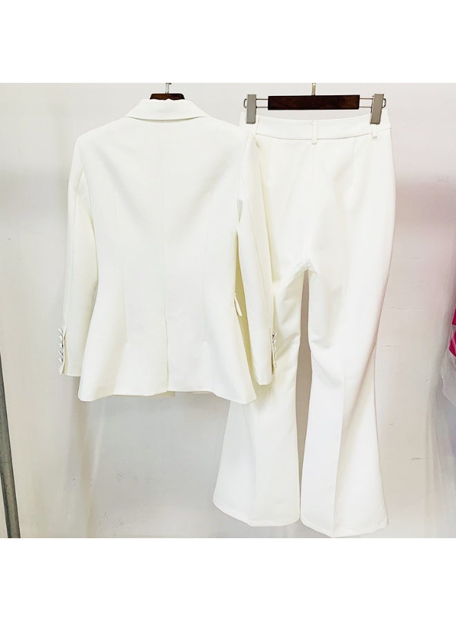 Madam Uniq Fashionable One-Button Blazer with Fabric Buttons + Flared Pants 2-Piece Suit Set - Image 5
