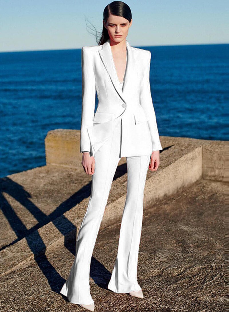 Madam Uniq Fashionable One-Button Blazer with Fabric Buttons + Flared Pants 2-Piece Suit Set - Image 1