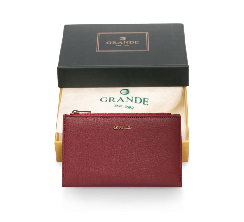 grande 2804 Genuine Leather Medium Bifold Wallet For Women Minimalist Wallet Ladies Zippered Mini Purse Small Card Holder (Burgundy) - Image 3