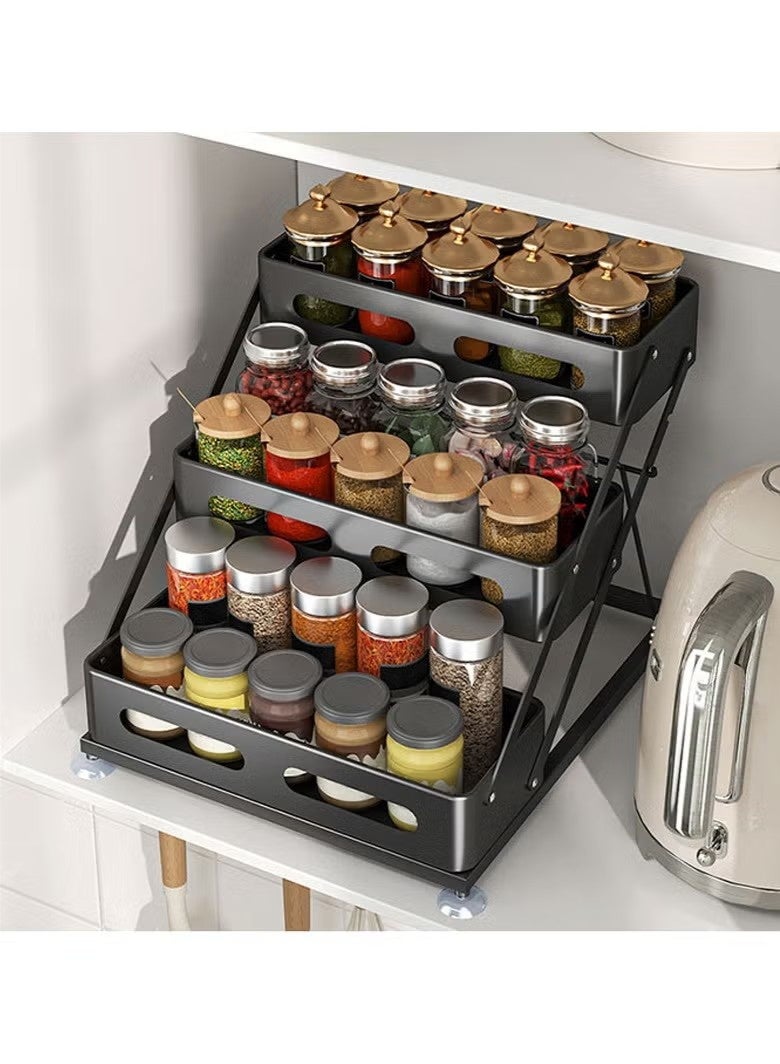 Beauenty Kitchen spice rack adjustable height condiment rack countertop household snap-on oil, salt, sauce and vinegar seasoning storage rack (black three-layer) - Image 4
