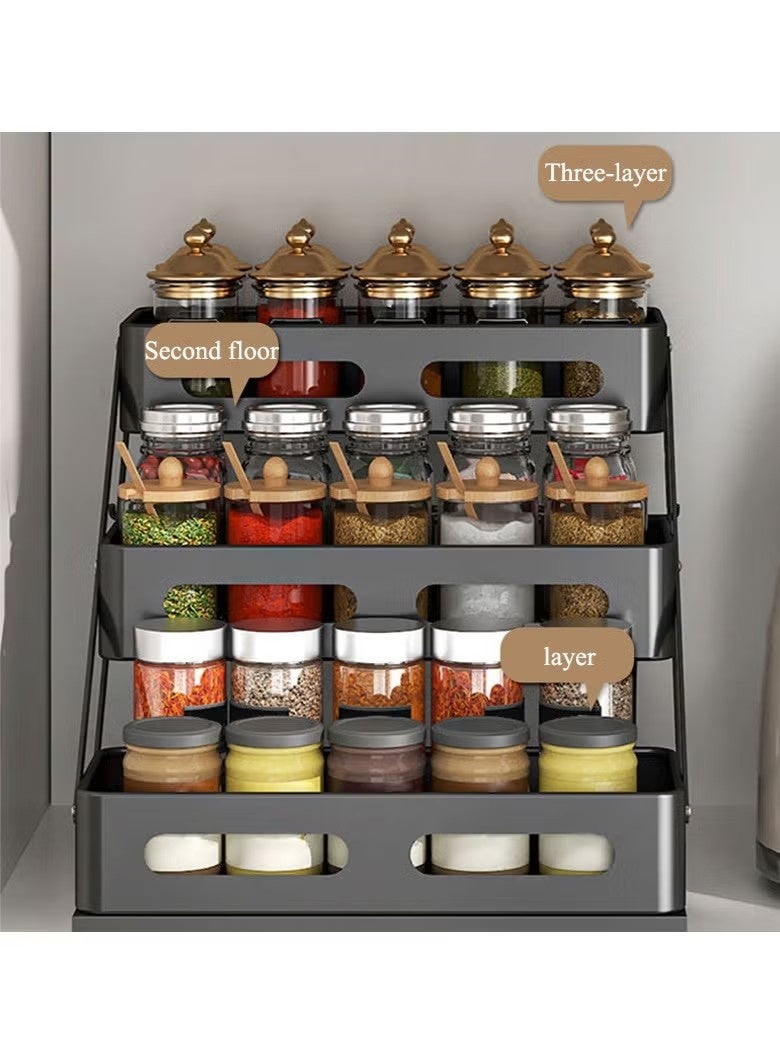 Beauenty Kitchen spice rack adjustable height condiment rack countertop household snap-on oil, salt, sauce and vinegar seasoning storage rack (black three-layer) - Image 2