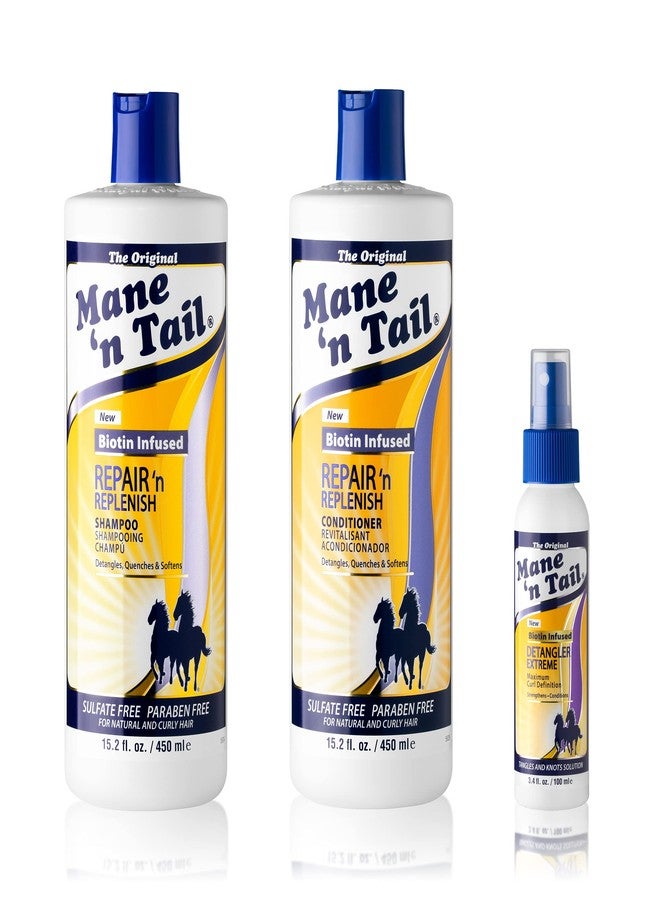 Mane 'n Tail Mane ’n Tail Repair ’n Replenish Shampoo & Conditioner (15.2 oz Each) + Extreme Detangler (3.4 oz) - Sulfate-Free, Curl Defining & Nourishing System for Natural & Curly Hair - Image 1