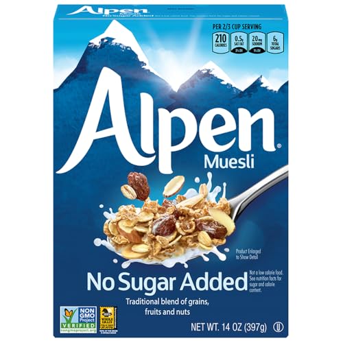 Alpen Muesli No Sugar Added Cereal, Heart Healthy Cereal with Wheat Flakes, Rolled Oats, Nuts and Raisins, Non-GMO Project Verified, 14 OZ Box (Pack of 6) - Image 1