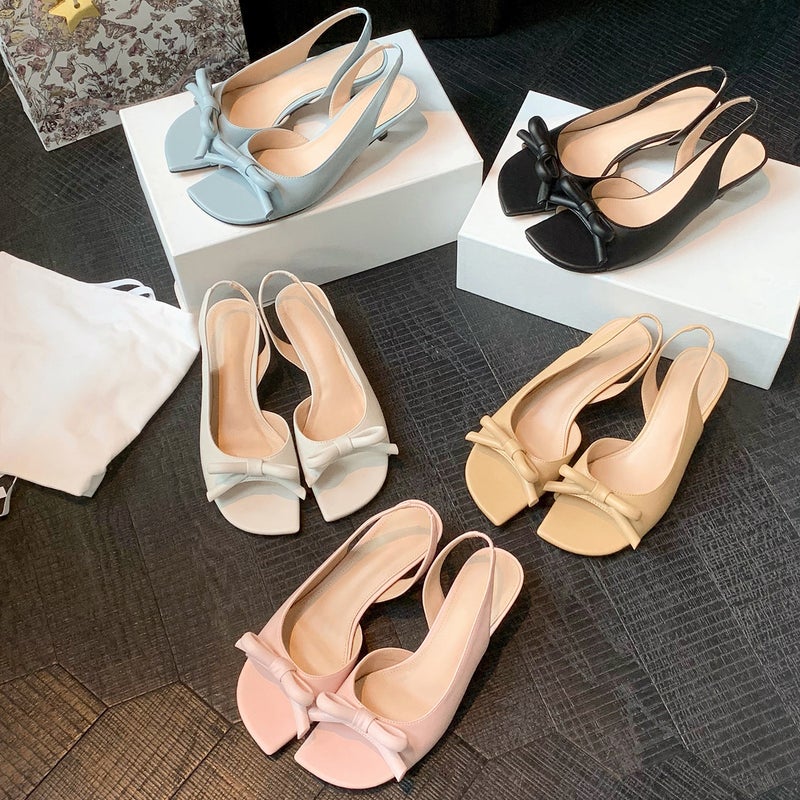 Diagonal cut square toe empty sandals for women's summer outdoor wear with a heel height of 5.5cm~French three-dimensional butterfly dew toe high heels - Image 2