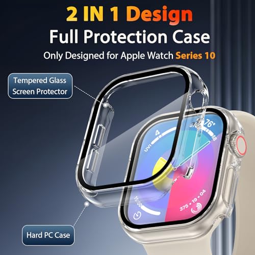 EWUONU 2 Pack Hard Case for Apple Watch Series 11 (2025) Series 10 42mm Screen Protector, Tempered Glass Bumper Anti-Scratch HD Ultra-Thin Protective Face Cover for iWatch Series 11/10 42mm, Clear - Image 2