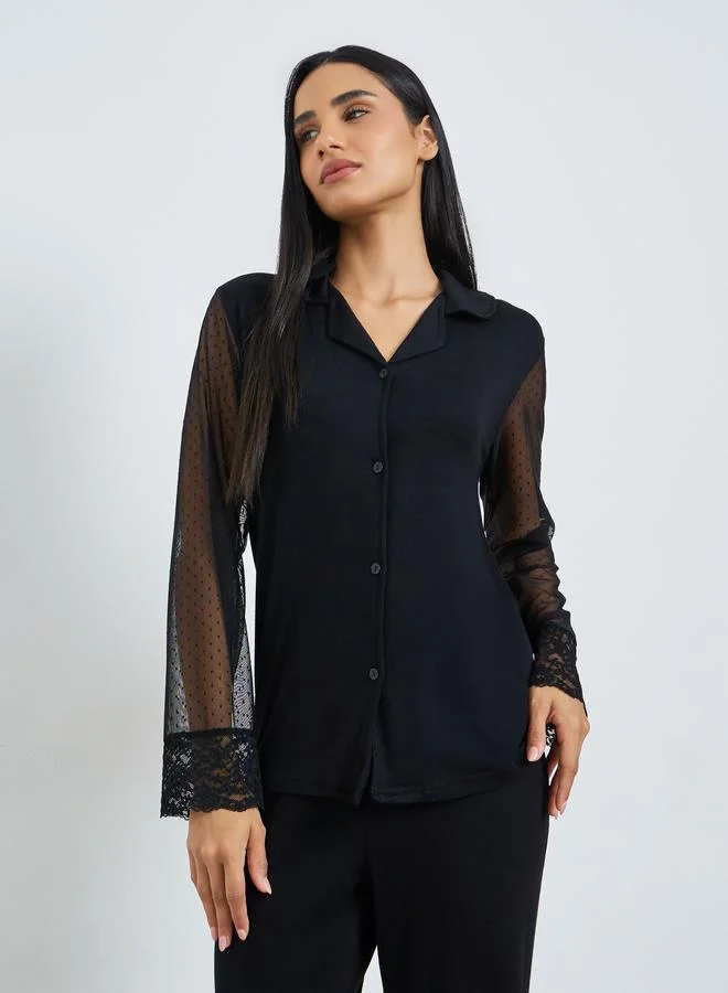 Styli  Black Lace Trim Shirt and Pyjama Set for Women | Best Price UAE