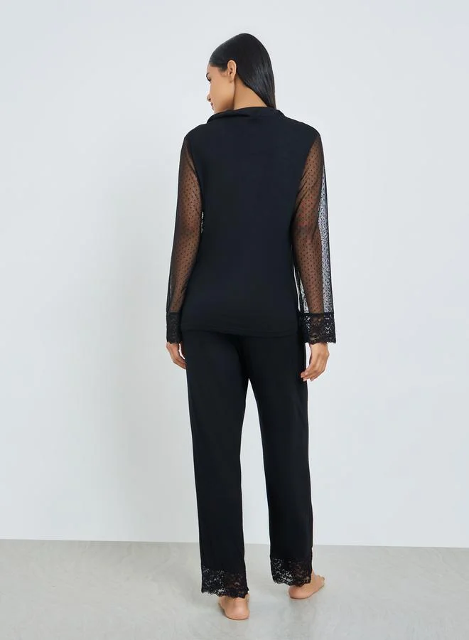 Styli  Black Lace Trim Shirt and Pyjama Set for Women | Best Price UAE