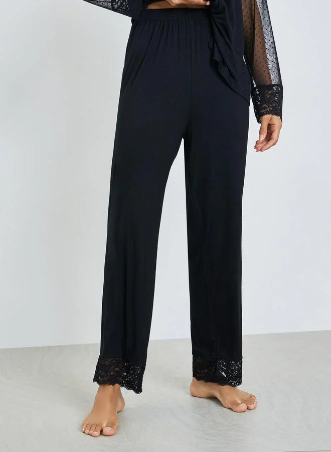Styli  Black Lace Trim Shirt and Pyjama Set for Women | Best Price UAE
