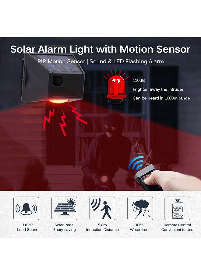 Generic - Motion Sensor Solar Alarm Light 110dB Loud Siren LED Strobe Lights with RF433MHz Remote Controller Outdoor IP65 Waterproof Rechargeable for Farm Villa Yard Barn Warehouse - Image 1