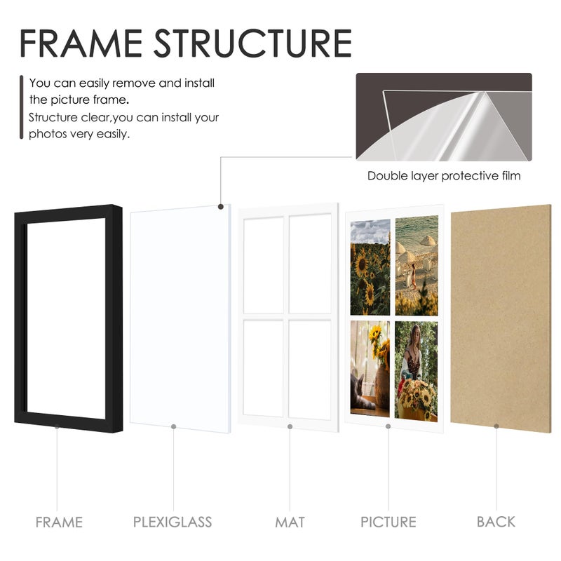 DUENPY 12x16 Picture Frame, 5x7 Collage Picture Frame, Displays Four 5x7 inch Photos, or 12x16 (Without Mat) for Available Horizontal Wall Mounting Display and Vertical, Black. - Image 3