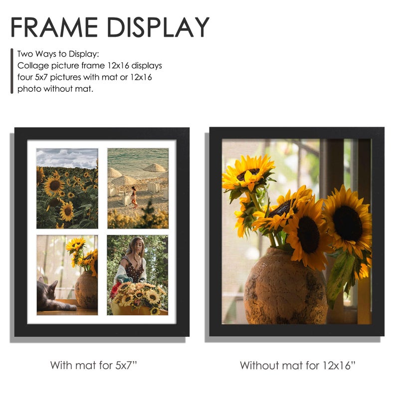 DUENPY 12x16 Picture Frame, 5x7 Collage Picture Frame, Displays Four 5x7 inch Photos, or 12x16 (Without Mat) for Available Horizontal Wall Mounting Display and Vertical, Black. - Image 4