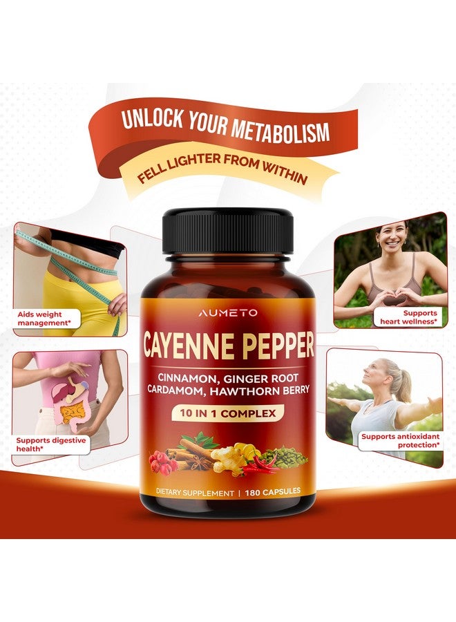 AUMETO Cayenne Pepper Capsules - Ultra Complex with Cinnamon, Ginger, Cardamom, Hawthorn Berry - Support Digestion, Circulation & Overall Wellness (180 Count (Pack of 1)) - Image 3