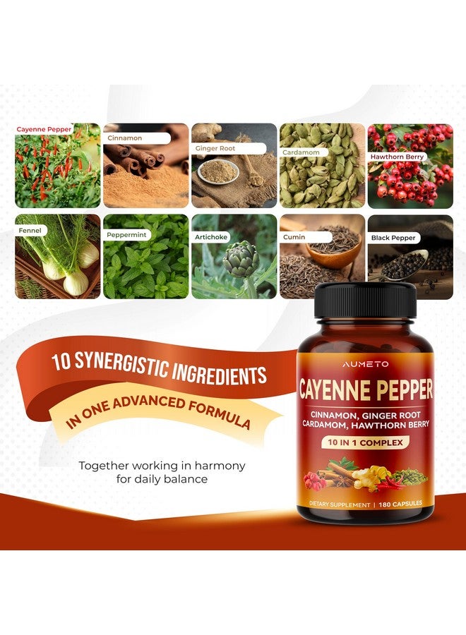AUMETO Cayenne Pepper Capsules - Ultra Complex with Cinnamon, Ginger, Cardamom, Hawthorn Berry - Support Digestion, Circulation & Overall Wellness (180 Count (Pack of 1)) - Image 4
