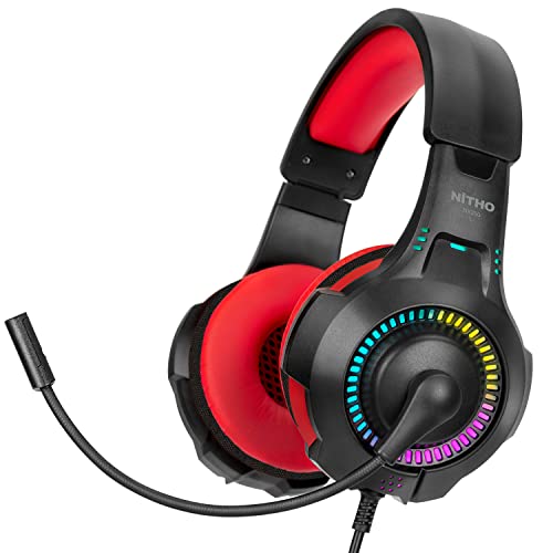 Nitho NX200 Gaming Headset with RGB Light and Microphone, Over-Ear Stereo Headphones for Xbox Series X|S, Xbox One, PS5, PS4, Nintendo Switch, PC, Mobile, 3.5 mm Audio Jack, 40 mm Drivers - Red - Image 1