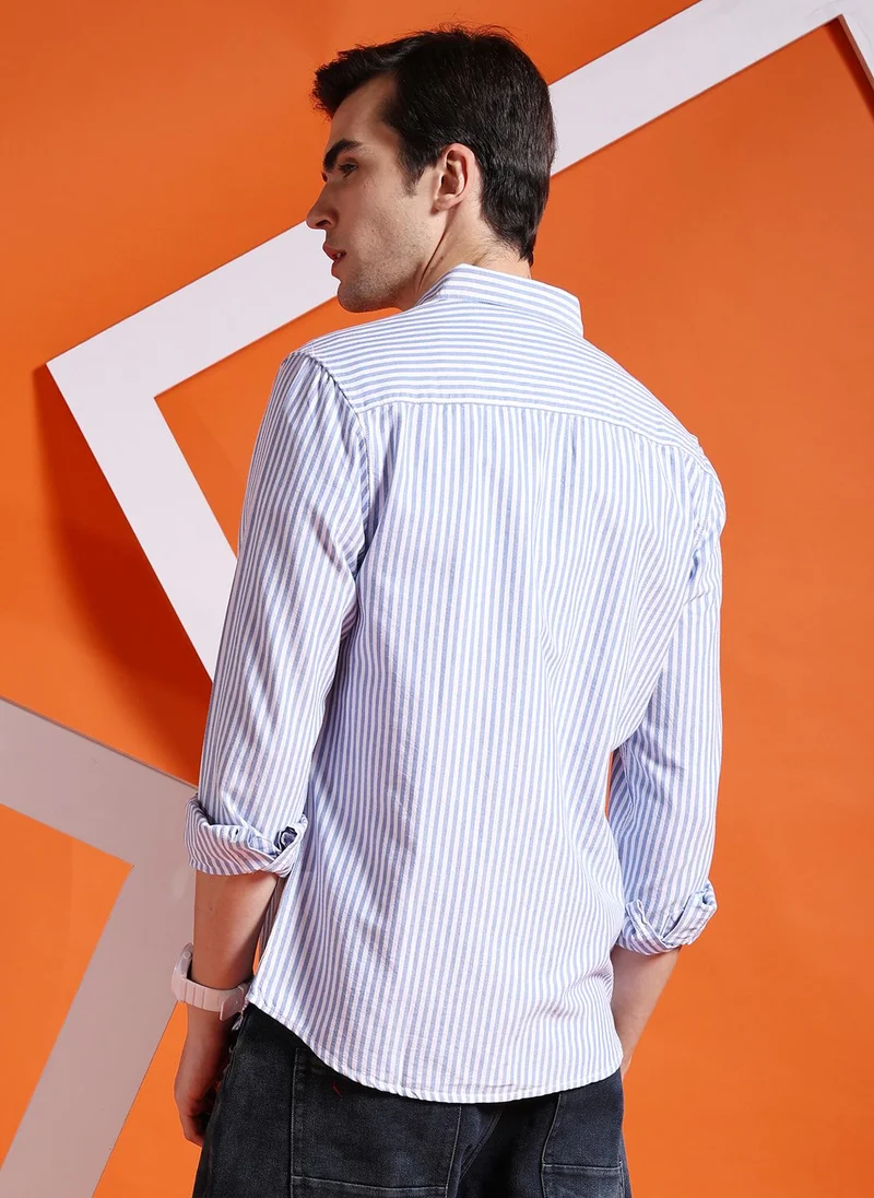 The Indian Garage Co Men Slim Fit Striped Full Sleeves Cutaway Collar Casual Shirt