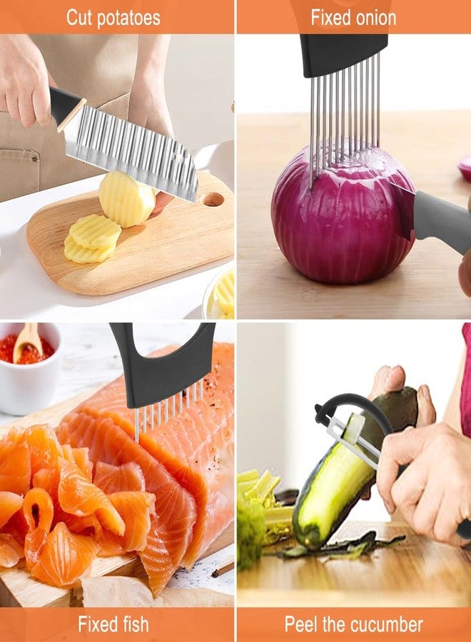 Calidaka Crinkle Cutter with Onion Holder for Slicing and P-type Peeler, Stainless Steel Wavy Slicer with Handle, Crinkle Cutter for Veggies, Potatoes(COLOR:Black) - Image 5