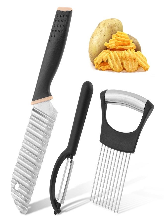 Calidaka Crinkle Cutter with Onion Holder for Slicing and P-type Peeler, Stainless Steel Wavy Slicer with Handle, Crinkle Cutter for Veggies, Potatoes(COLOR:Black) - Image 1