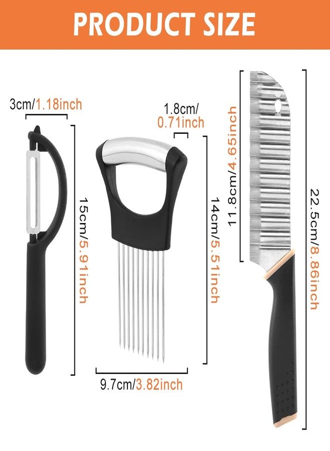 Calidaka Crinkle Cutter with Onion Holder for Slicing and P-type Peeler, Stainless Steel Wavy Slicer with Handle, Crinkle Cutter for Veggies, Potatoes(COLOR:Black) - Image 2