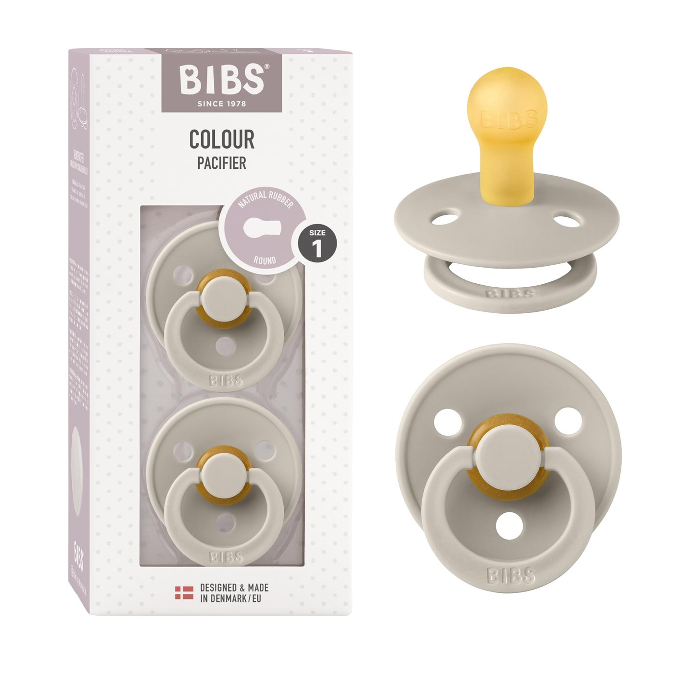 Five-A-Day Fresh BIBS Colour Soother 2-Pack, BPA Free Dummy Pacifier, Round Nipple. Natural Rubber Latex, Made in Denmark, Size 1 (0-6 Months), Sand