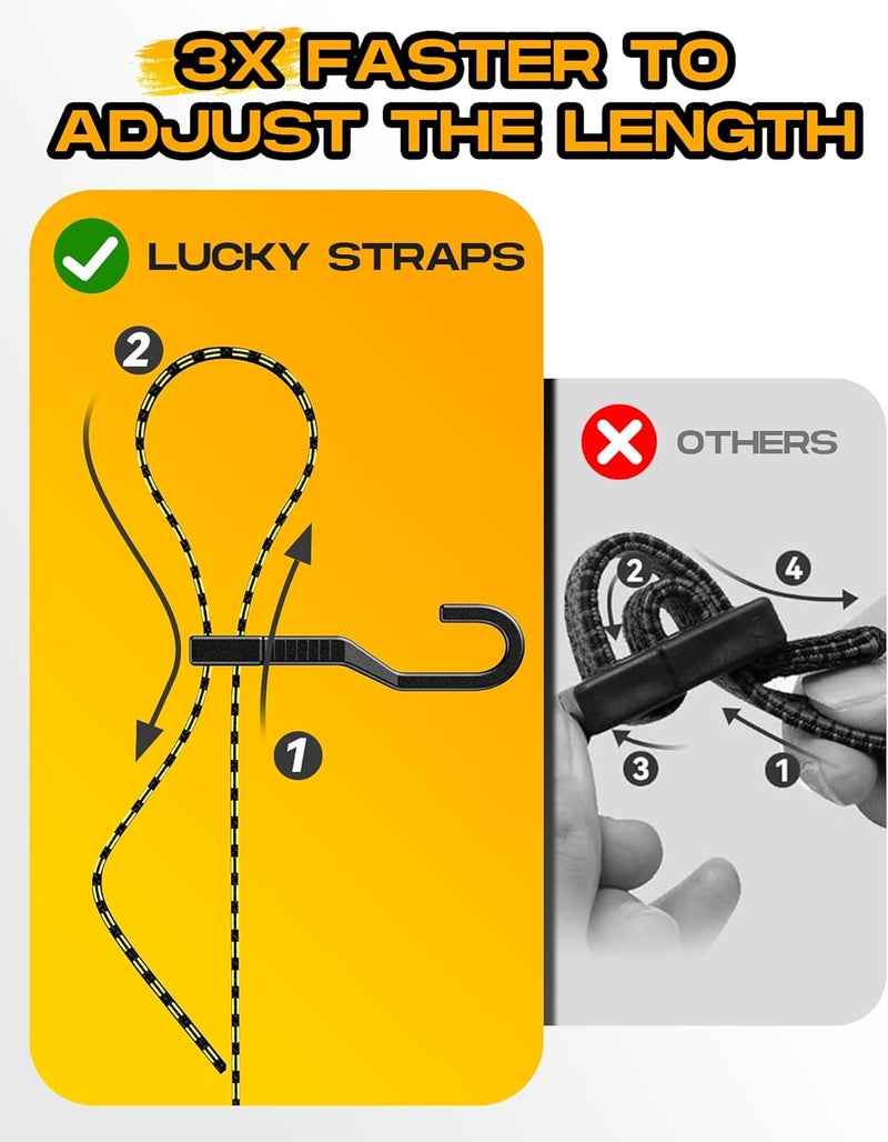 LuckyStraps 6 Pcs 40 Inch Flat Adjustable Bungee Cords with Hooks, 3X Faster to Adjust The Length, Lucky Straps Black/Yellow Heavy Duty Bungee Straps for Cargo, Bike, Cart, Tent, Truck, Camping, Outdoor, etc General compatible design - Image 2