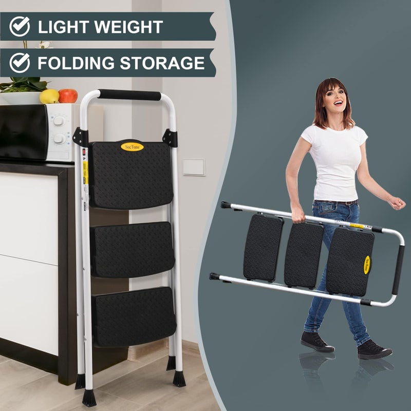 SocTone 3 Step Ladder, Folding Step Stool for Adults with Handle, Lightweight, Perfect for Kitchen& Household, 500lbs Capacity Sturdy Steel Ladder White - Image 5