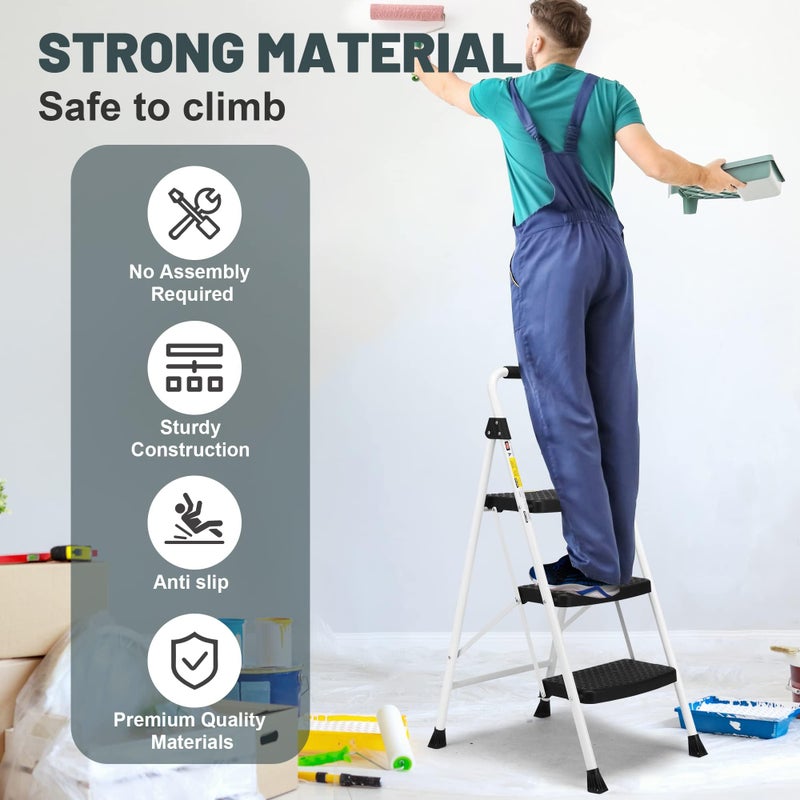 SocTone 3 Step Ladder, Folding Step Stool for Adults with Handle, Lightweight, Perfect for Kitchen& Household, 500lbs Capacity Sturdy Steel Ladder White - Image 2