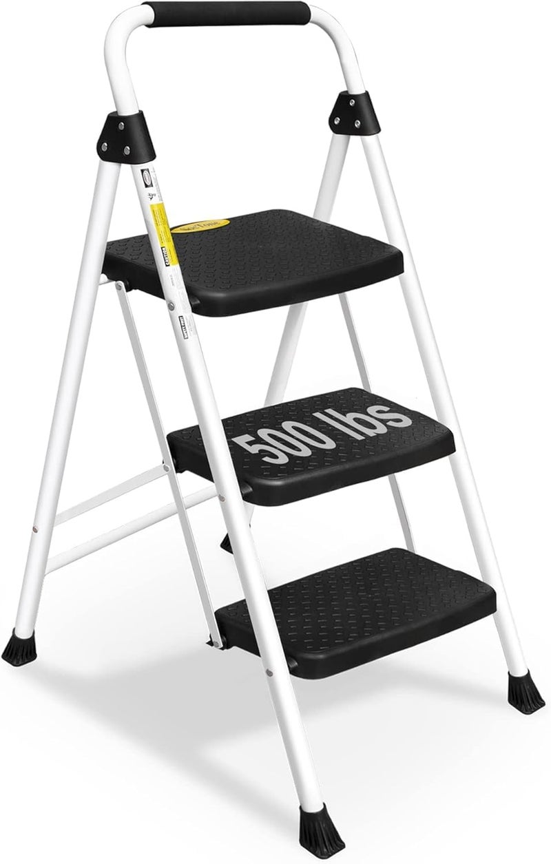 SocTone 3 Step Ladder, Folding Step Stool for Adults with Handle, Lightweight, Perfect for Kitchen& Household, 500lbs Capacity Sturdy Steel Ladder White - Image 1