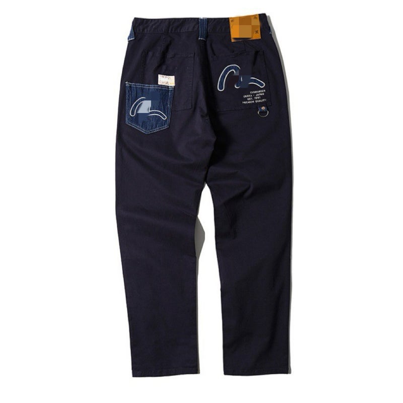 Japanese Jane Chao! Foreign trade scissors tail single woven Denim stitching retro small straight slim elastic casual pants Navy blue - Image 1