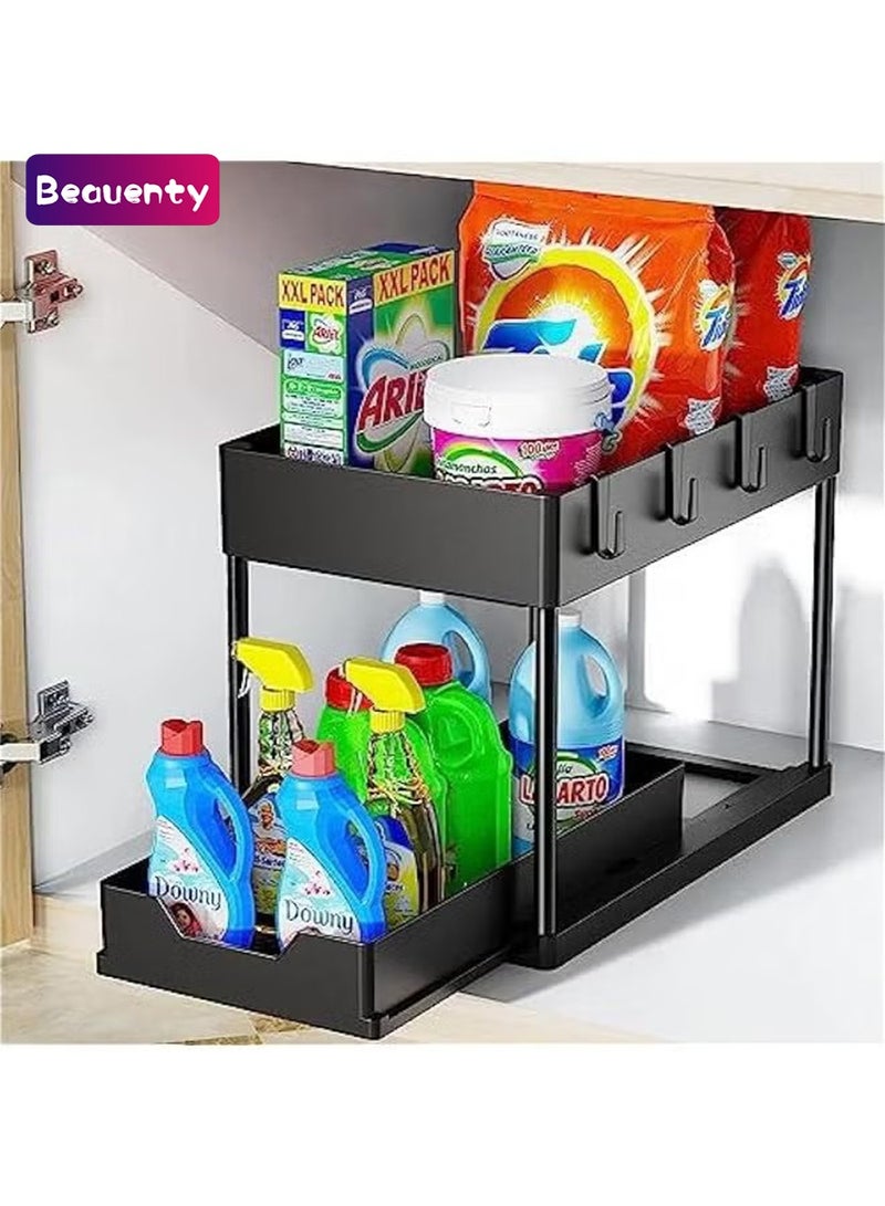 بيوينتي منظم سلة منزلقة تحت الخزانة من ميلند دي، منظم تخزين من طبقتين تحت الخزانة للحمام تحت الحوض والتخزين تحت الحوض، رف تخزين متعدد الاغراض للمطبخ والحمام (اسود ايه)، حديد مطاوع - Image 1