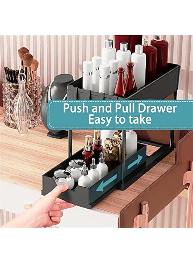 بيوينتي منظم سلة منزلقة تحت الخزانة من ميلند دي، منظم تخزين من طبقتين تحت الخزانة للحمام تحت الحوض والتخزين تحت الحوض، رف تخزين متعدد الاغراض للمطبخ والحمام (اسود ايه)، حديد مطاوع - Image 2