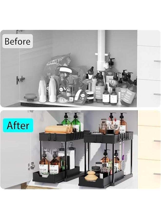 بيوينتي منظم سلة منزلقة تحت الخزانة من ميلند دي، منظم تخزين من طبقتين تحت الخزانة للحمام تحت الحوض والتخزين تحت الحوض، رف تخزين متعدد الاغراض للمطبخ والحمام (اسود ايه)، حديد مطاوع - Image 3
