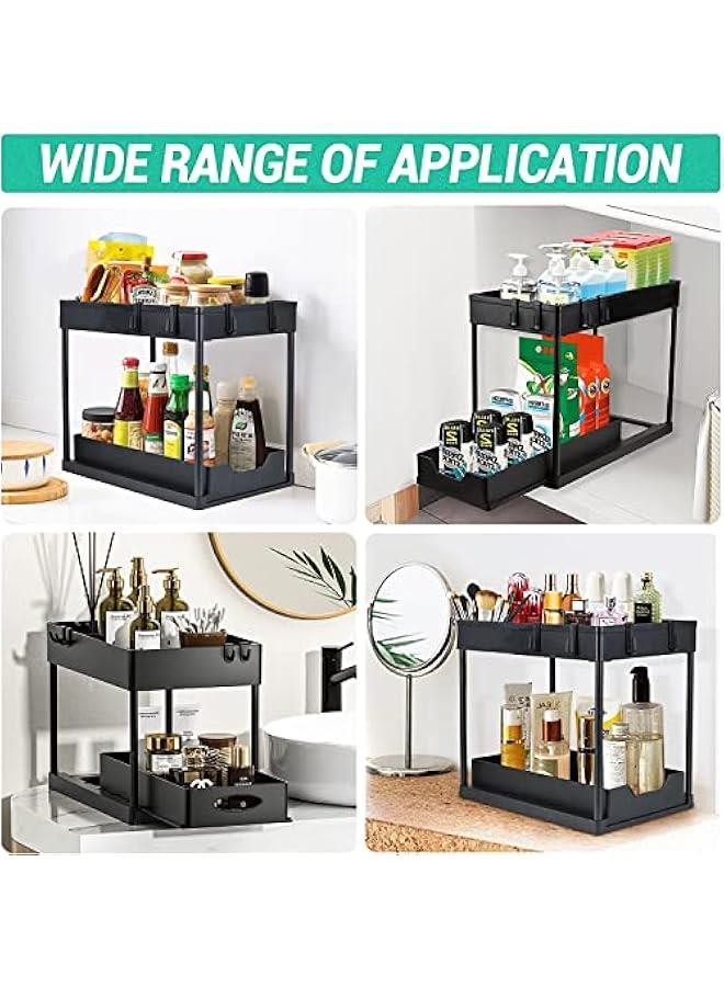 بيوينتي منظم سلة منزلقة تحت الخزانة من ميلند دي، منظم تخزين من طبقتين تحت الخزانة للحمام تحت الحوض والتخزين تحت الحوض، رف تخزين متعدد الاغراض للمطبخ والحمام (اسود ايه)، حديد مطاوع - Image 4