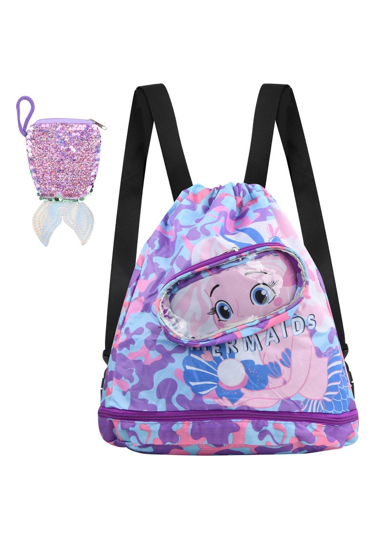 Generic Waterproof Drawstring Bag with Purse, Kids Swim Backpack for Beach, Wet and Dry Separation, Adjustable Straps, Shoe Compartment  - Image 1
