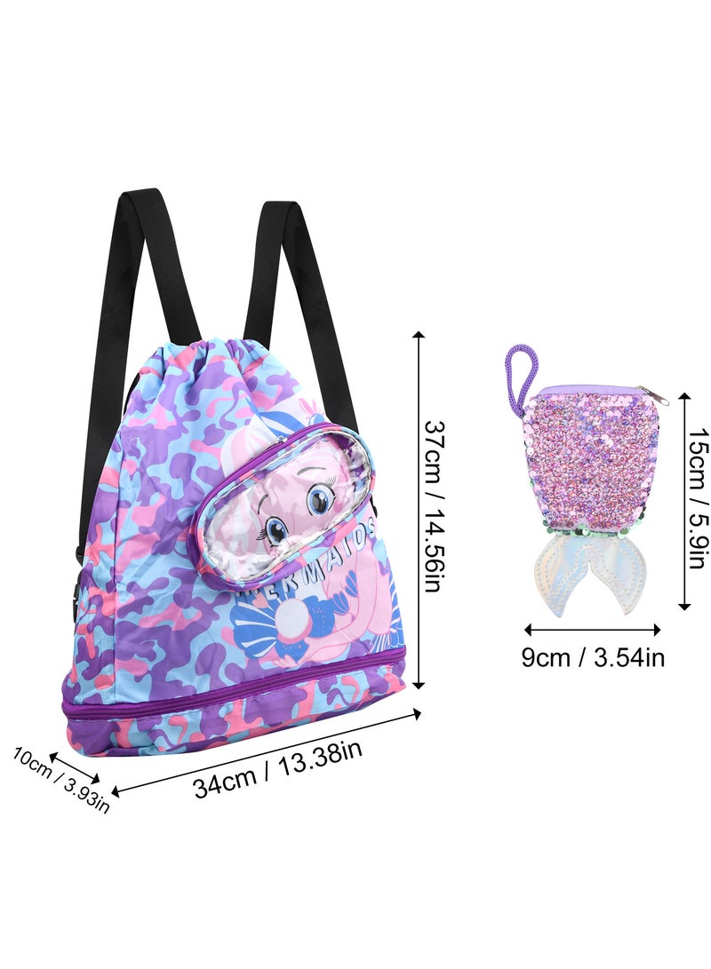 Generic Waterproof Drawstring Bag with Purse, Kids Swim Backpack for Beach, Wet and Dry Separation, Adjustable Straps, Shoe Compartment  - Image 2